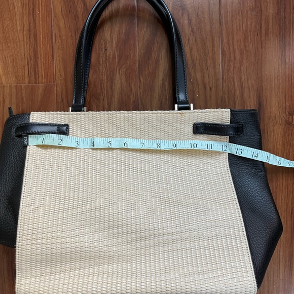 KATE SPADE Black Leather White Woven Patterned Silver Tone Hardware Tote Handbag - Picture 10 of 12